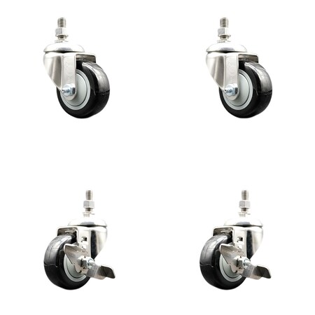 Service Caster 3.5 Inch 316SS Black Polyurethane Swivel 12mm Stem Caster Brake SCC, 2PK SS316TS20S3514-PPUB-BLK-M1215-2-TLB2